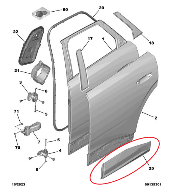 Peugeot 3008 (2024-2025) Sol Arka Kapı Muhafaza Plastik Bandı (Parlak Siyah) (Orijinal)